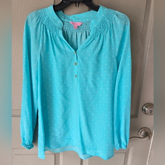 Lilly Pulitzer Elsa 100% Silk Tunic Sz S Popover PolkaDot Blue White Colorful - Picture 4 of 12